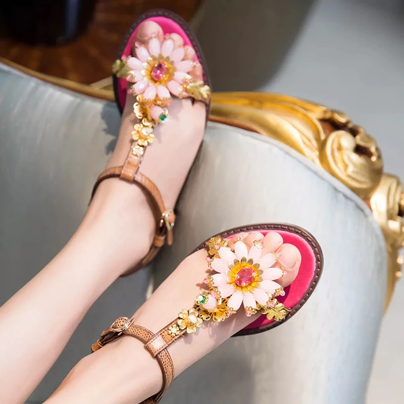 С украшением в виде кристаллов с рисунком &quotПодсолнух&quot T-Тип Летние туфли на