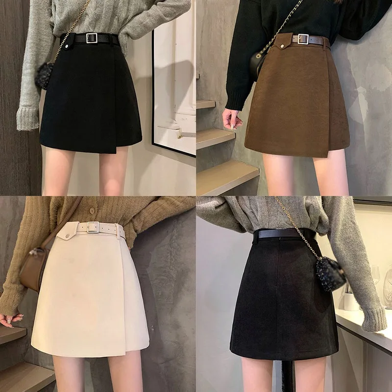 

Women Fashion Irregular Skirt With Belt Female Autumn Temperament High Waist All-match Short Skirt/