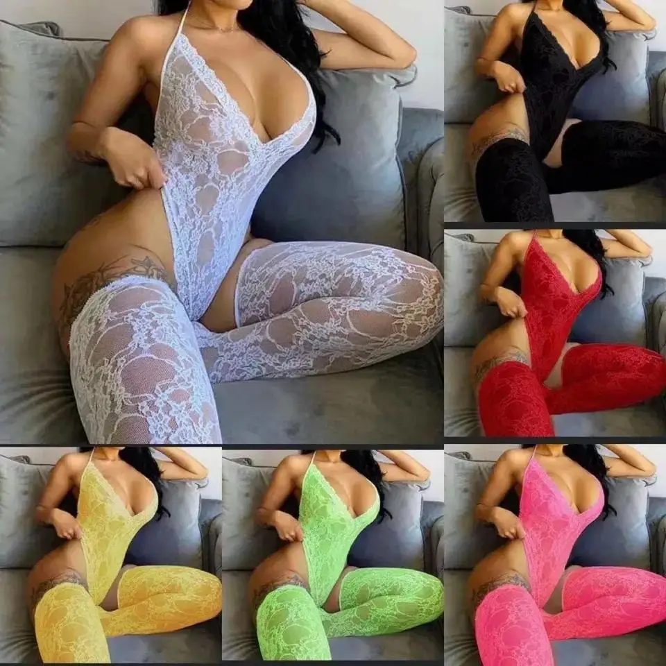 

Women's sexy backless lace underwear jumpsuits sleeveless appeal deep v-neck tight sling jumpsuits with socks