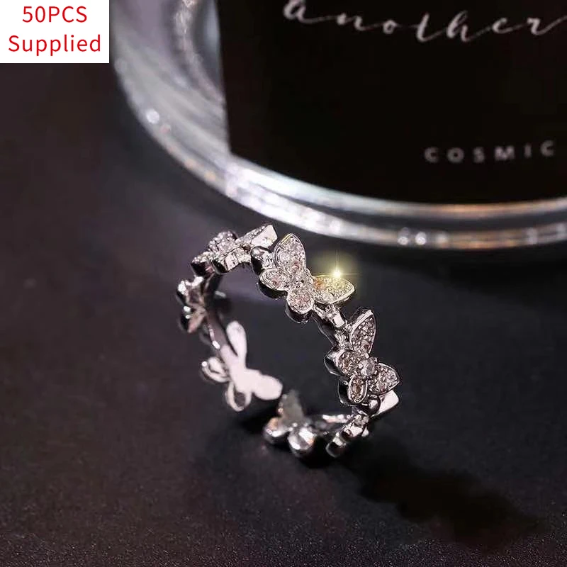 

50pcs Fashion Silver Color Crystal Butterfly Rings Insect Open Adjustable Rhinestone Finger Ring for Women Girl Wedding Jewelery
