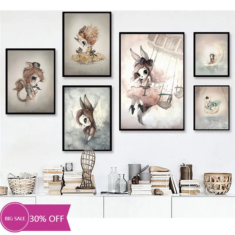 

Рождественское украшение, холст, картины, плакаты, мультфильм, кролик, девочка, мальчик, Настенная картина, картины, Декор для дома