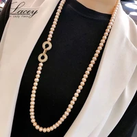 fashion real pearl long necklace for womenfreshwater pink pearl sweater necklace 925 sterling silver jewelry