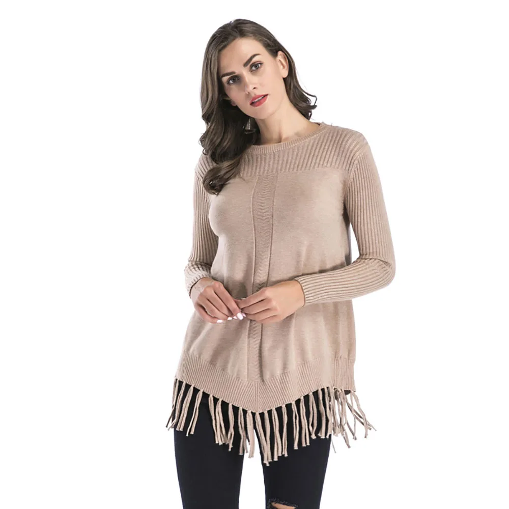 

European and American new fashion knit sweater women round neck hem tassel thickened mid-length sweater knit