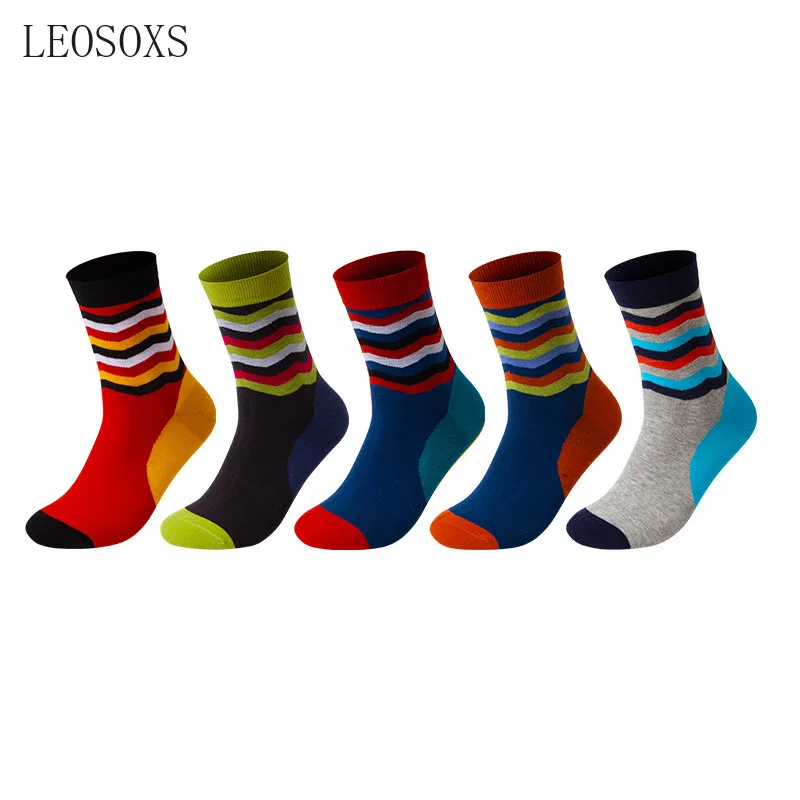 5 pairs man mid calf socks autumn winter wave stripe patchwork business combed cotton breathable Shaping casual men crew sock