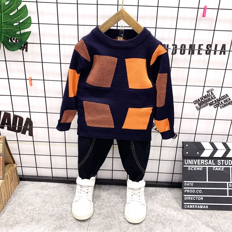 Одежда для малышей вязаный свитер мальчика Комплект Топ + джинсы комплект из 2