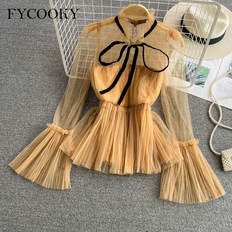 

Palace Style Pleated Mesh Shirts Women Summer New Elegant Flare Sleeve Blouse Ladies Sweet Korean Bow Ruffles Tops
