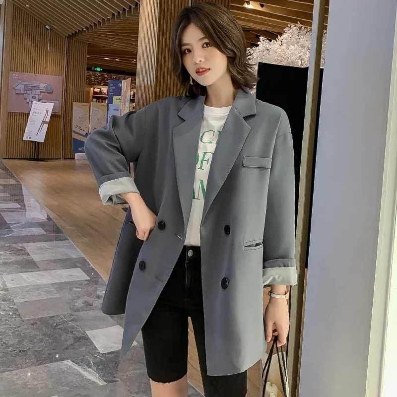 Fashion Double Breasted Solid Color Women Blazer Pockets Jackets Female Retro Suits Coat Feminino Blazers Outerwear Pink | Женская