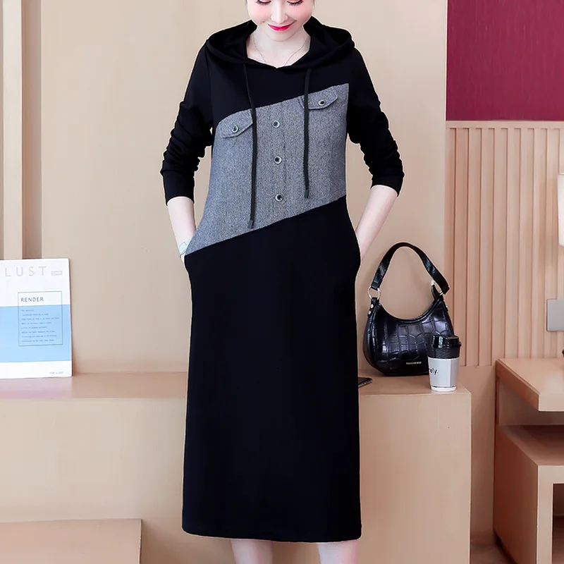

Fashion Elegant Patchwork Hooded Dresses Women Long Sleeve Hit Color Casual Dress Lady Pocket Button Mid-Calf Clothing Woman