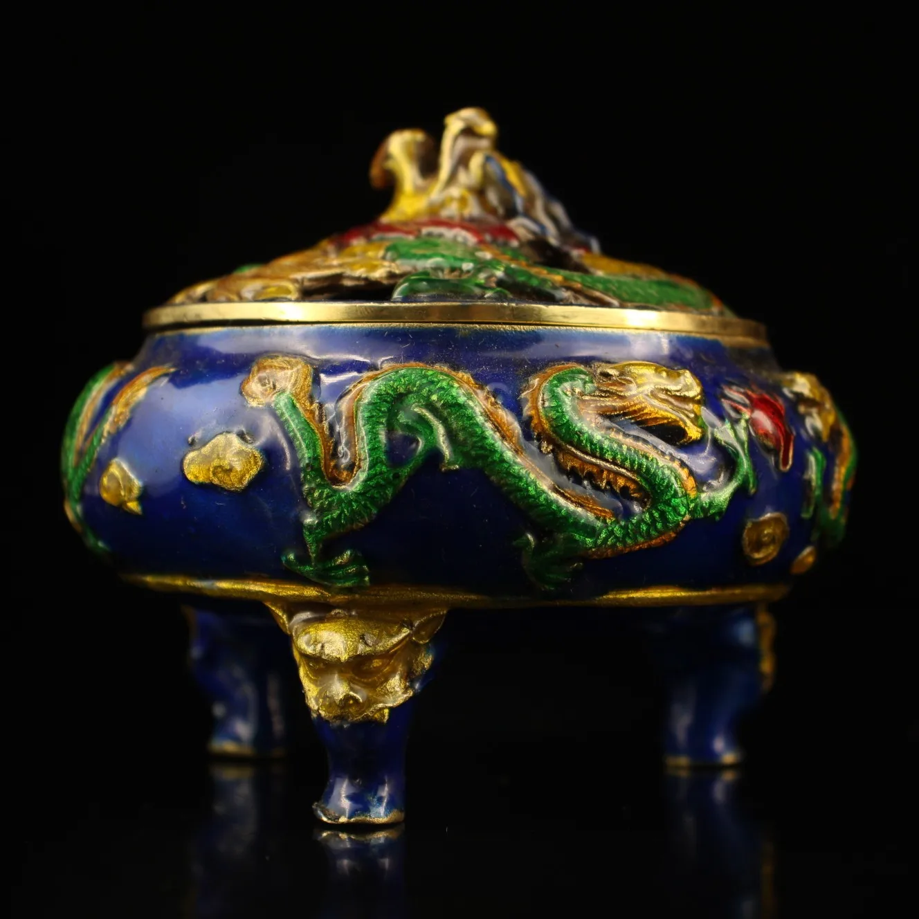 

4"Chinese Folk Collection Old Bronze Cloisonne Enamel Faucet Dragon play bead Three-legged incense burner Office Ornaments
