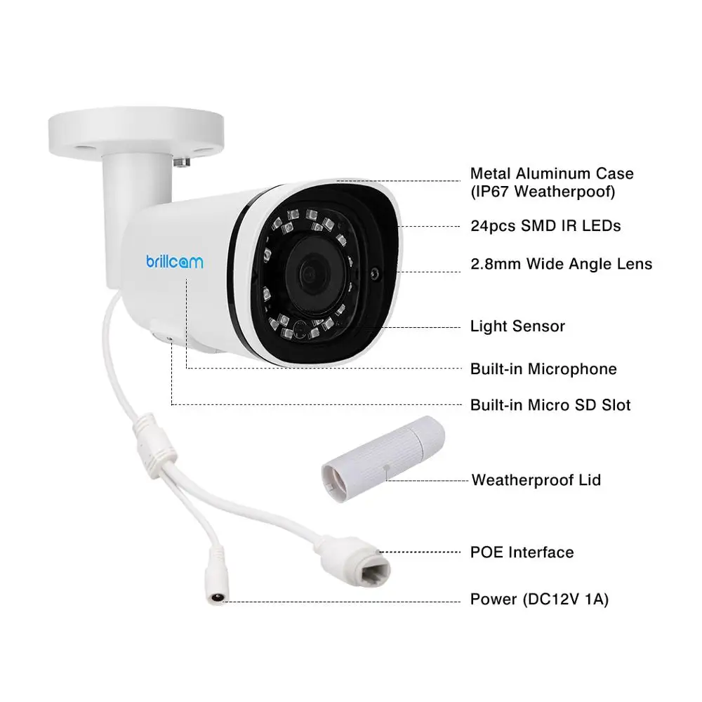 Инфракрасная цилиндрическая IP камера Brillcam 5 Мп с объективом 2 8 мм PoE IP67
