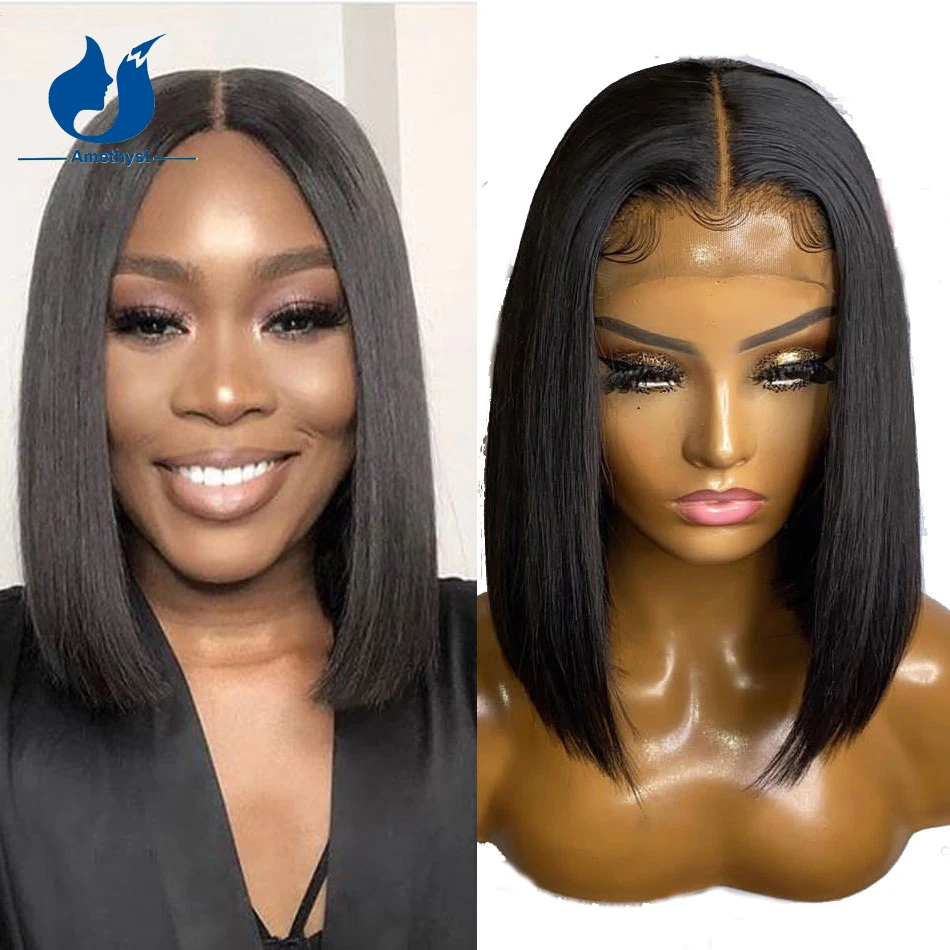 

Amethyst Short Bob Lace Front Human Hair Wigs Natural Color Silk Top Short Bob Human Hair Wigs With Baby Hair Bob Silk Base Wigs