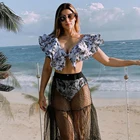 Комплект бикини с высокой талией и оборками, 2021, сексуальное черное пляжное платье, купальник, женский купальник, пляжная одежда с цветочным принтом и V-образным вырезом, купальные костюмы