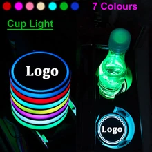 2PCS Car Logo LED Colorful Water Cup Mat Lights Seat Trim Accessories For Citroen Peugeot Infiniti Skoda Toyota Decoration Lamp