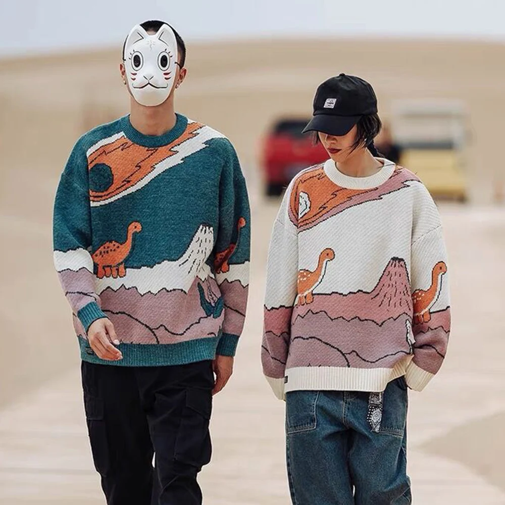 LACIBLE Harajuku Cartoon Little Dinosaur Knitted Sweater Winter Men Women Vintage Pullover Casual Streetwear | Мужская одежда