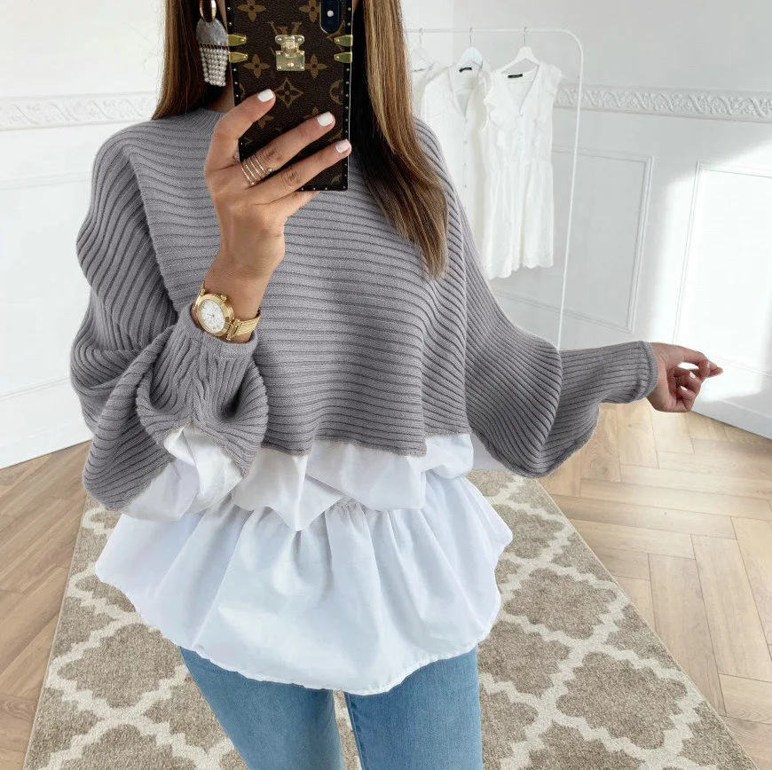 

Autumn/Winter Elegant Tunic Shirt Patchwork Casual O-Neck Long Sleeve Ruffles Coffee Korean Blouse Shirts Street Clothing 2020