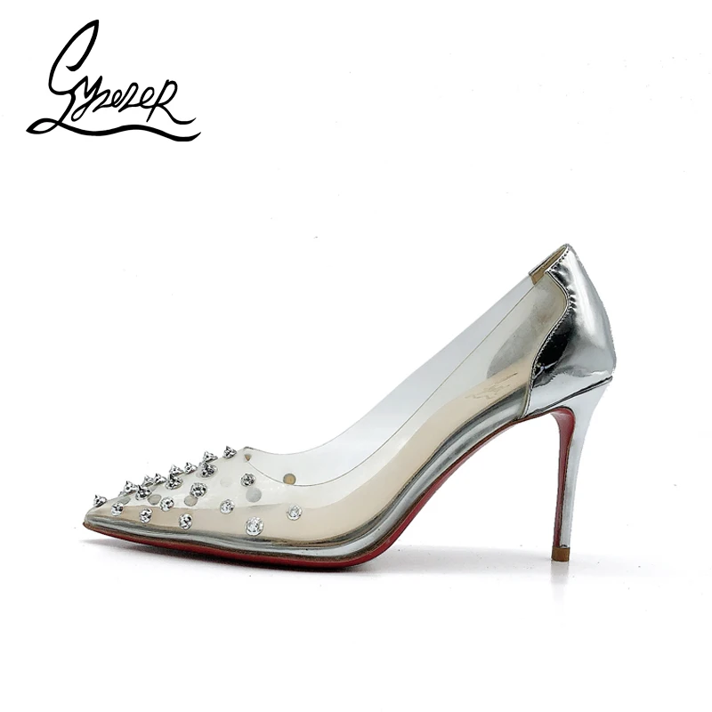 

Yuerui Spring And Autumn New Silver Transparent Crystal Shoes Rivets Rhinestone Ppointed Stiletto Wedding Super High Heels Women