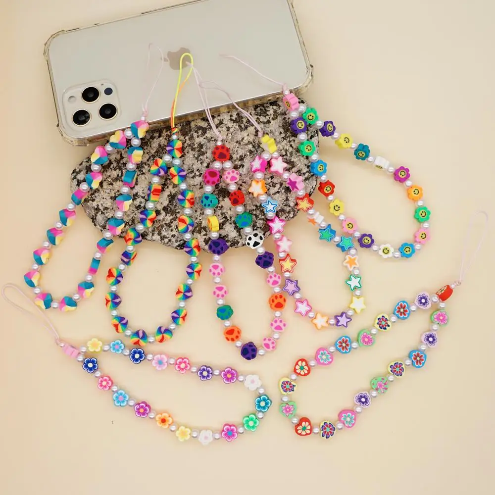 

Mixed Color Flower Soft Pottery Fruit Cute Beaded Mobile Phone Chain Female National Style Short Mobile Phone Rope FemaleJewelry