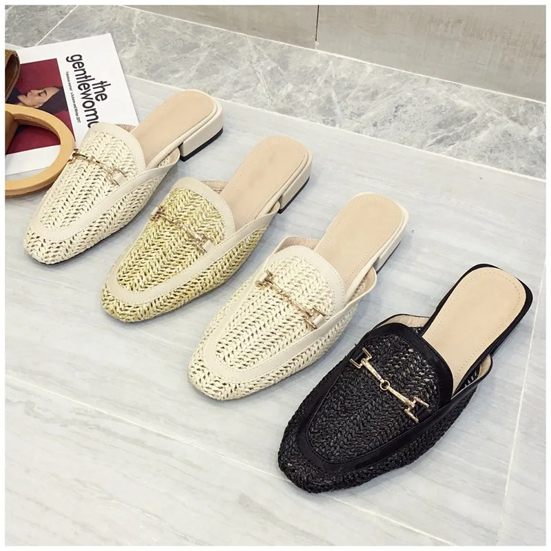 New Fashion Women Mules Slipper Low Heel Slip On Slide Sandals Cane Woven Beach Summer Slippers Flat Sandals