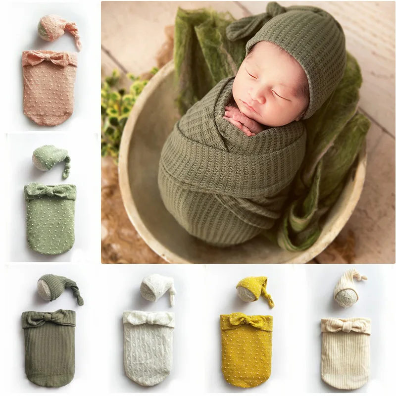 Newborn Baby Photography Swaddle Sleeping Bag Hat 2pcs Sets Woolen Knitted Unisex Boy Girl Photo Costumes Clothing Stretchy