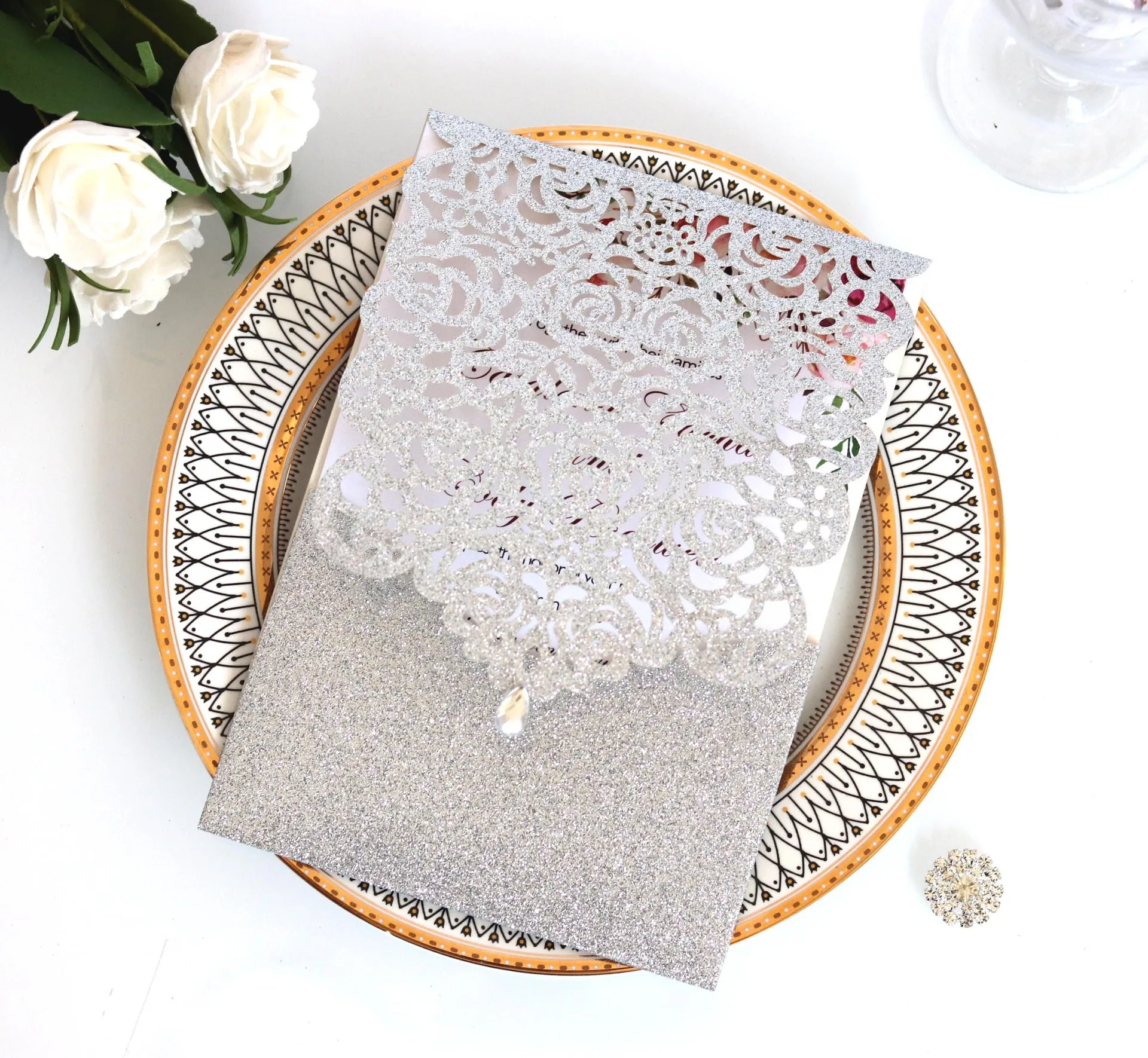 Серебристые золотые Синие Блестящие Свадебные Пригласительные открытки с