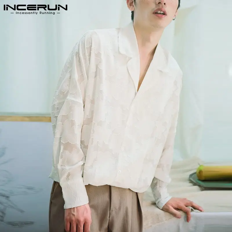 

INCERUN 2021 модные сетчатые мужские рубашки для мальчиков для отдыха с длинным рукавом; Комбинезон с отворотами и пустотелая блузка человек пуг...