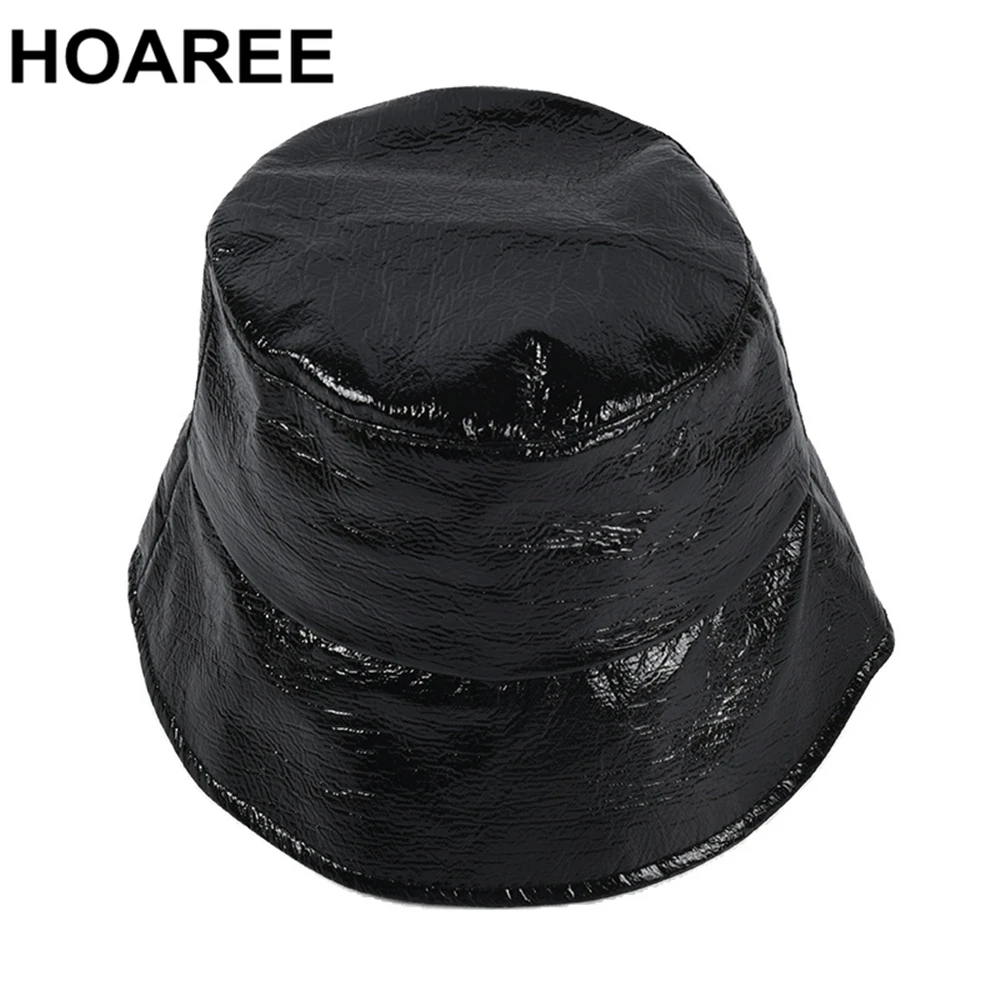 HOAREE Leather Bucket Hat Women Black Pu Female Harajuku Hat Autumn Winter Ladies Brand Solid Casual Fisherman Hat