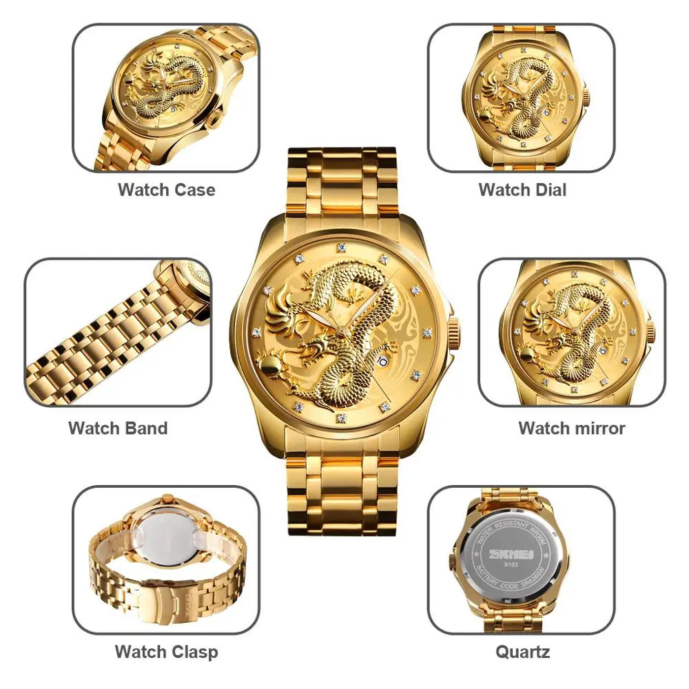 

SKMEI Mens Watches Top Brand Luxury Golden Quartz Watch Men 3Bar Waterproof Date Display Stainless Steel Strap Wristwatches 9193