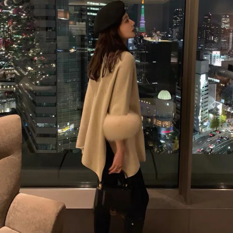 2021 New Winter Turtleneck Fur Patchwork Cloak Pullover Loose Knitted Sweater Women's Fashion Knitwear