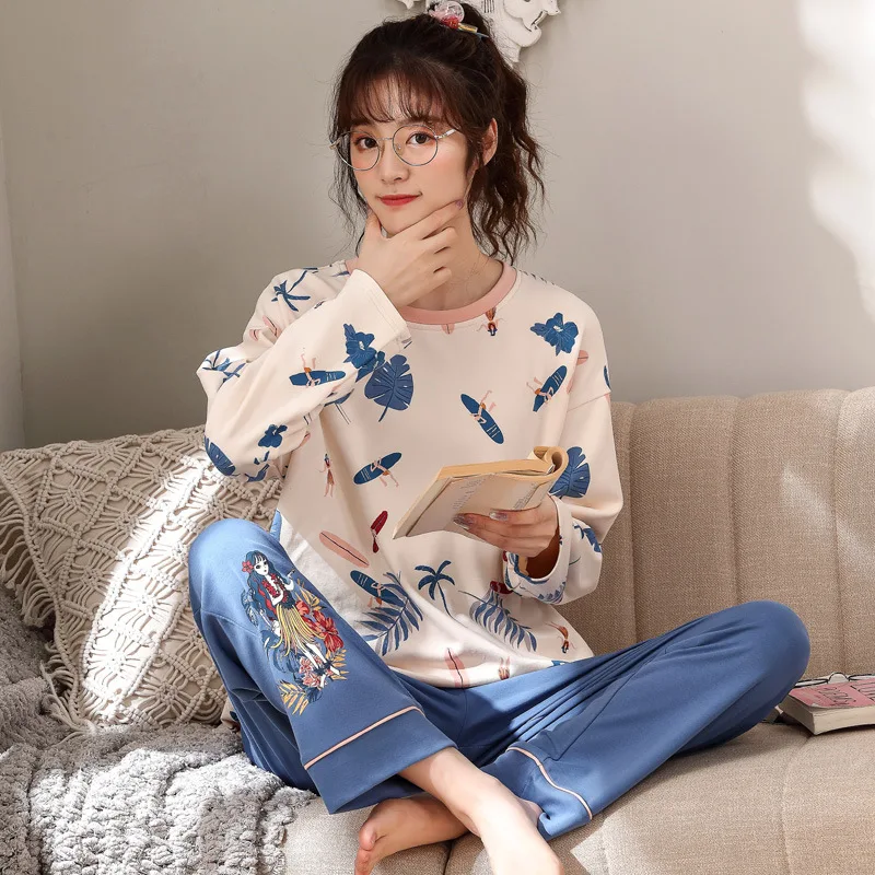 Pajamas Women's Spring Autumn Long Sleeve Nightwear Suit Cartoon Knitting Large Size Fashionable Household Wear Female Sleepwear