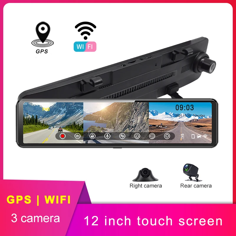 

3CHs AHD1080P запись автомобиля черный ящик 12-дюймовый сенсорный экран G-сенсор WIFI 24-часовой парковочный монитор зеркало автомобильные видеореги...