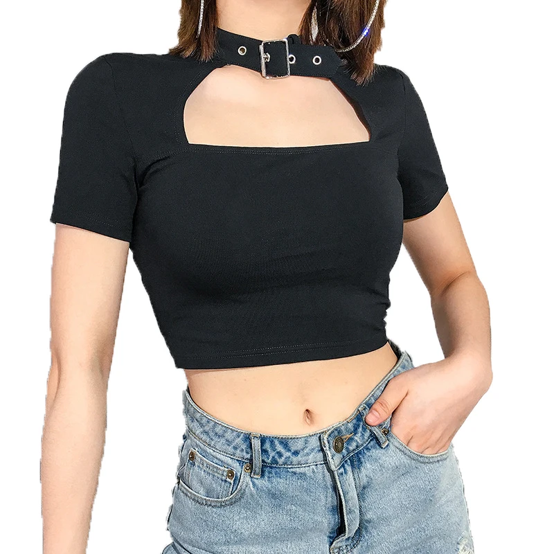 

Summer Harajuku Punk Sexy Club Gothic Streetwear Women T-shirts Beach Goth Casual OL Ladies Hollow Slim Solid Female Top Tees