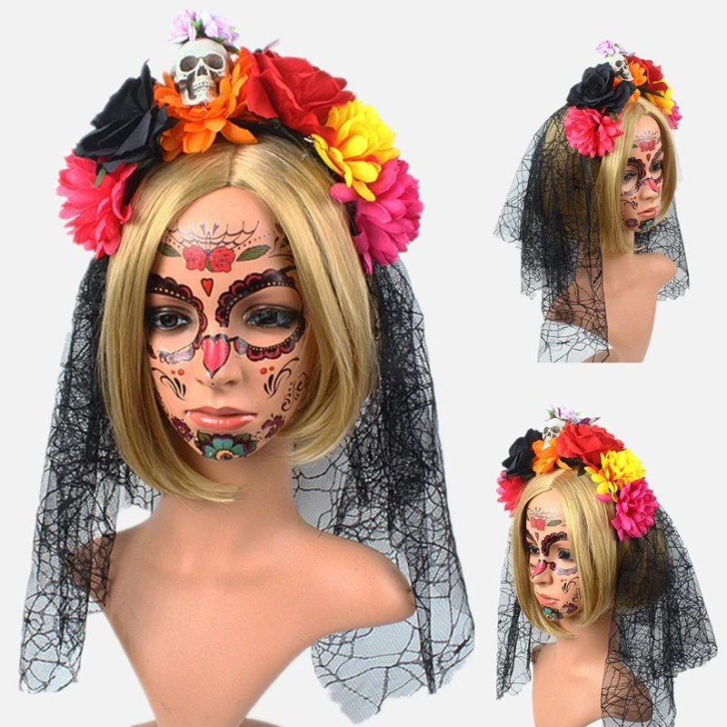 

Women Skull Headdress Flower Mesh Lace Skull Headband for Halloween Party Carnival Masquerade Costume Party Props