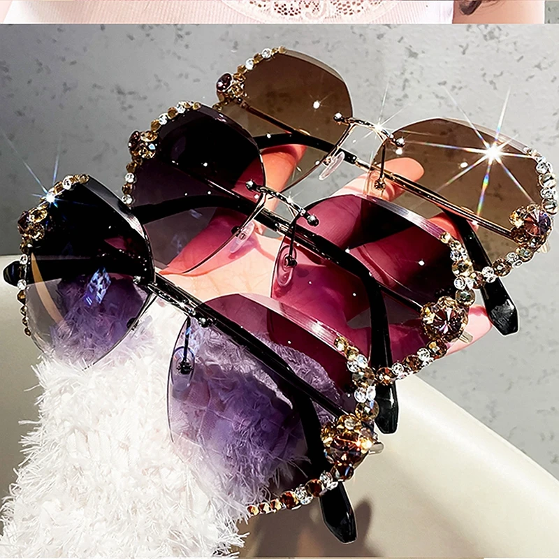 

2021 New Rimless Sunglasses Women Brand Designer Alloy Frame Oversize Gradient Sun Glasses Fashion Female Shades For Women