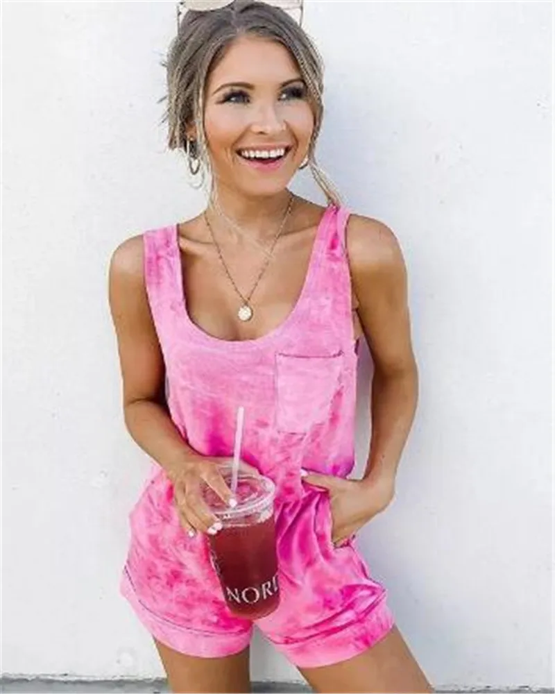 Женский хлопковый комбинезон без рукавов повседневный с шортами и принтом