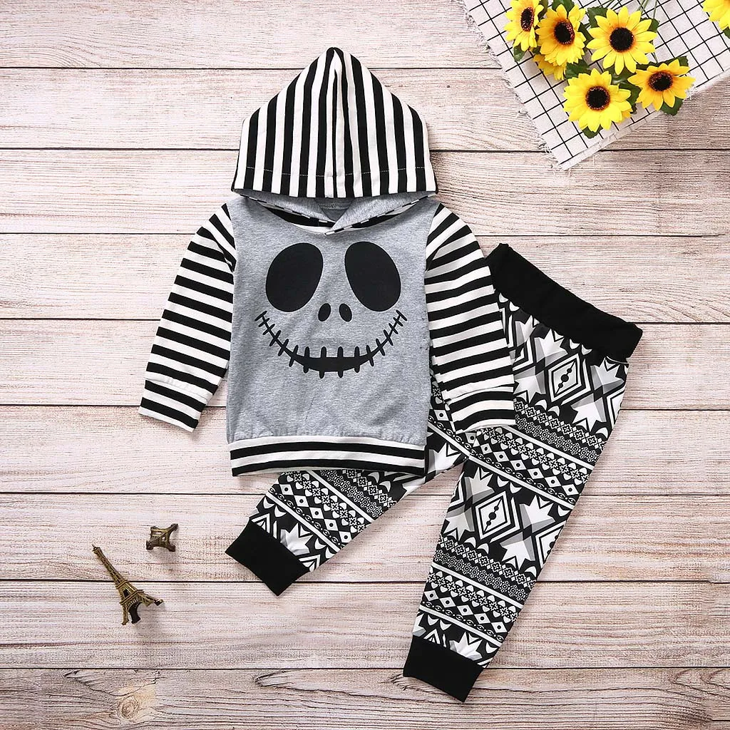 Комплект одежды на Хэллоуин для малышей топ с капюшоном и полосатыми мультяшными