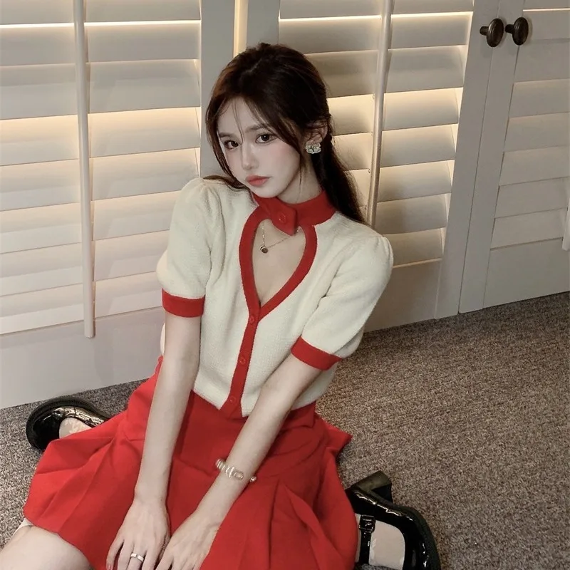 

Japanese Sweet Love Hollow Out Autumn Sweaters Korean Chic Puff Short Sleeve Cardigans Red Patchwork Crop OL Knitwear Tops