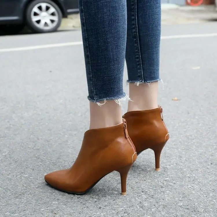 

Women Pointy Toe Ankle Boots Leather Kitten Heels Solid Plus Size Elegant Shoes