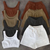 summer breathable terry cotton high waist drawstring sports and leisure shorts vest suit women