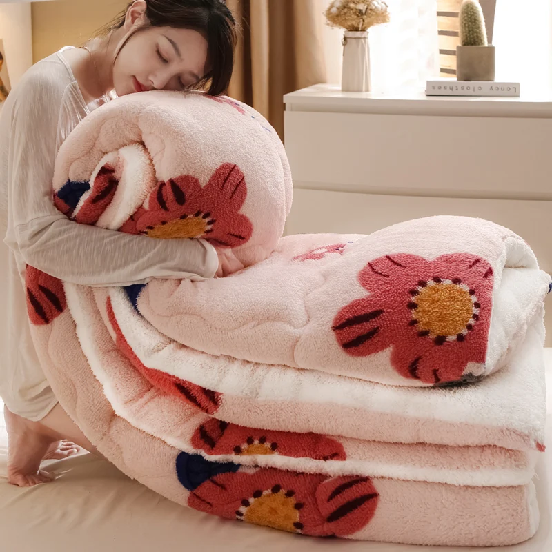 

2021 AB Side Thicken Quilts Very Warm Winter Comforter Snow Velvet Berber Fleece Flower Camel Home Textile Full Double Queen