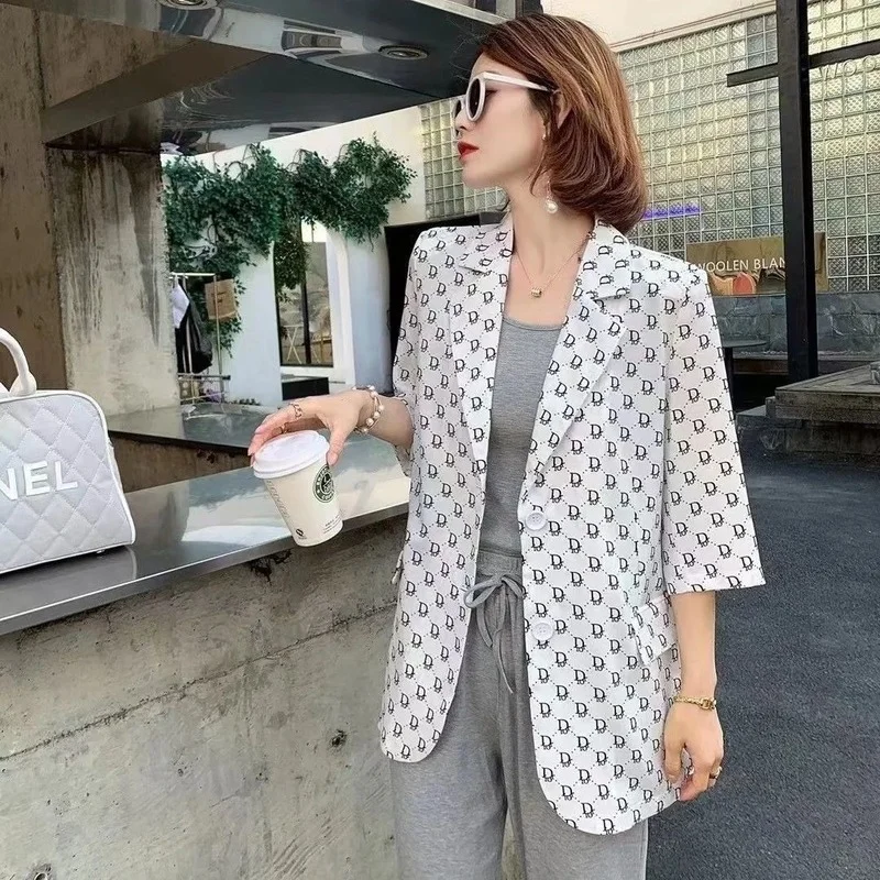 

Spring Summer New Women Korean Fashion Thin Loose Chiffon Suit Coat Print Jacket Sunscreen Single Button UV Blazer Jackets X235