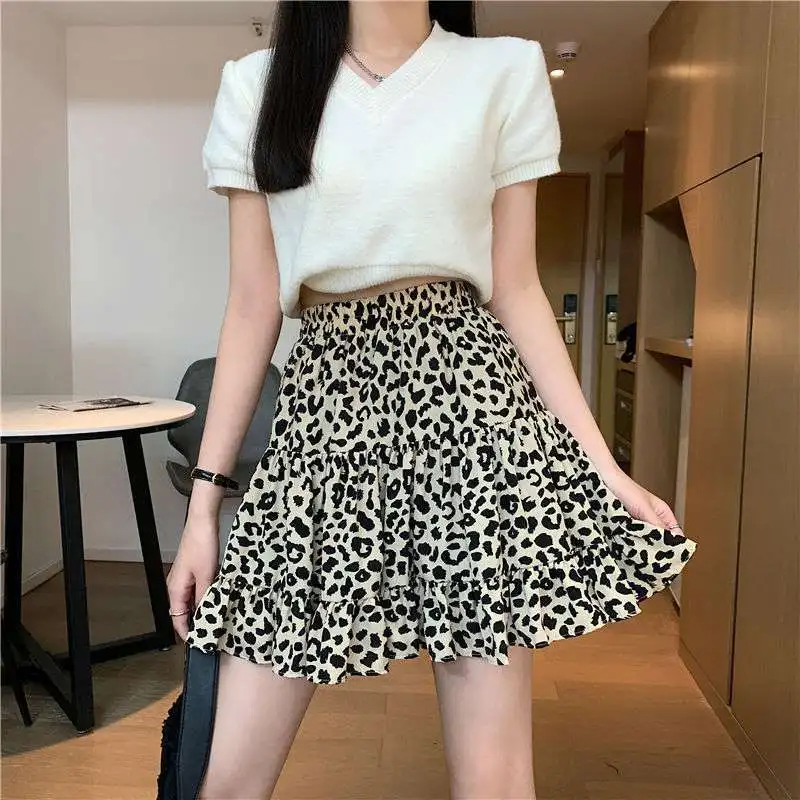 

Wholesale Leopard Print Pleated Shorts Skirt Retro High Waist Skirt Cake Puff Skirt Short Mini Skirt Female Summer 2021 New