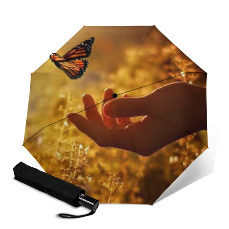 Полностью автоматический зонт с принтом бабочки трехскладной от солнца и для