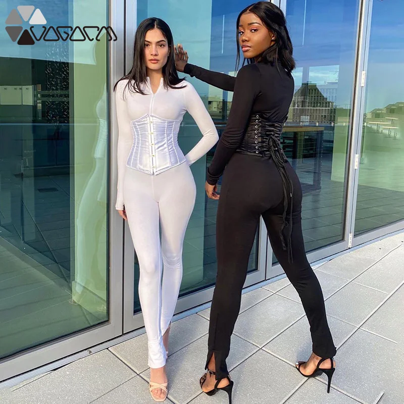 

Women Bodycon Long Jumpsuit Casual Rompers Autumn Sexy Solid Color Waist Girdle Skinny Front Zipper Sportswear Streetwear Female