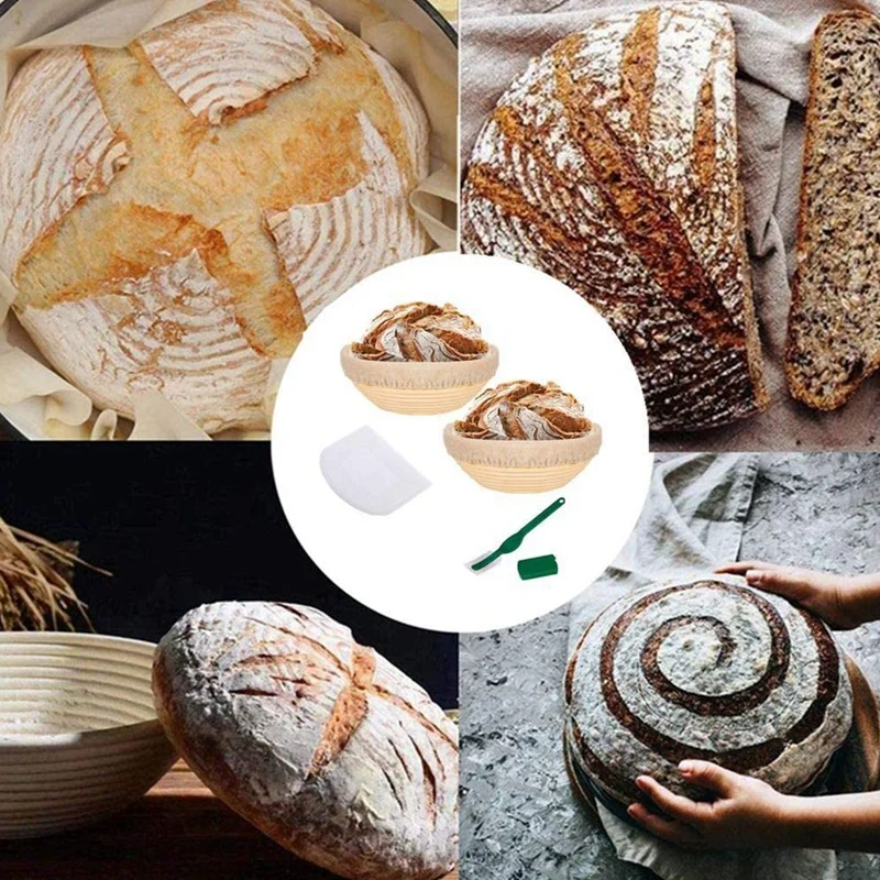 

2Set 9in Round Bread Banneton Proofing Basket Includes Linen Liner Dough Scraper and Bread Lame Rising Dough Baking Bowl