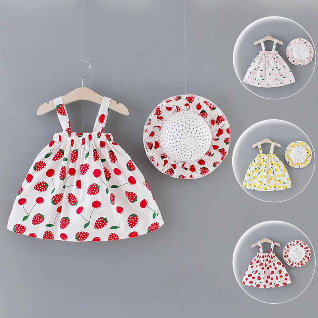 Летнее платье без рукавов с клубничным принтом для девочек платья принцессы на