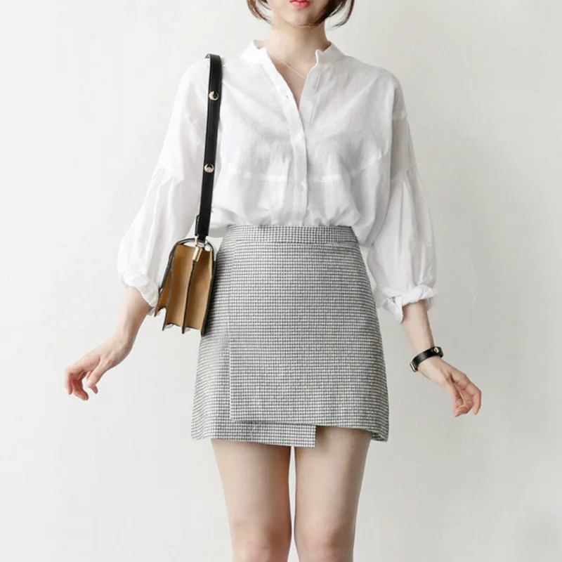 Фонарь белая рубашка с длинным рукавом Женские топы и блузки 2020 стенд воротником