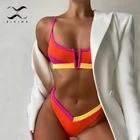 Сексуальный лоскутный ребристый купальник, винтажный цветной бикини, 2021, купальники с высоким вырезом, Женский бандо, купальный костюм с пуш-ап, пляжная одежда