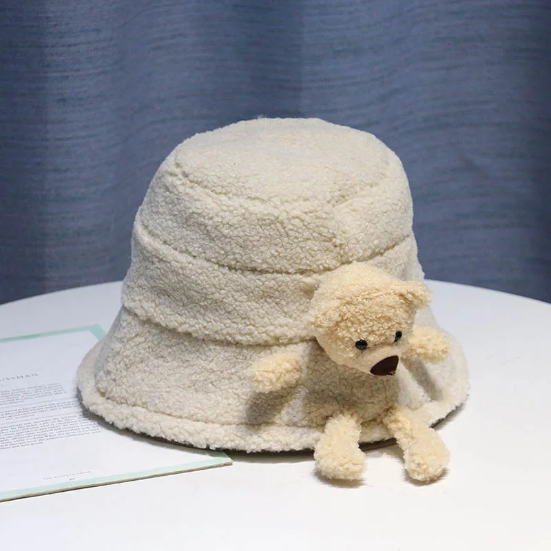 Hat Autumn Winter Women New Three-Dimensional Bear Bucket Hats Fashion Lmitate Lambswool Student Lovely Keep Warm Cap QDKPOTC