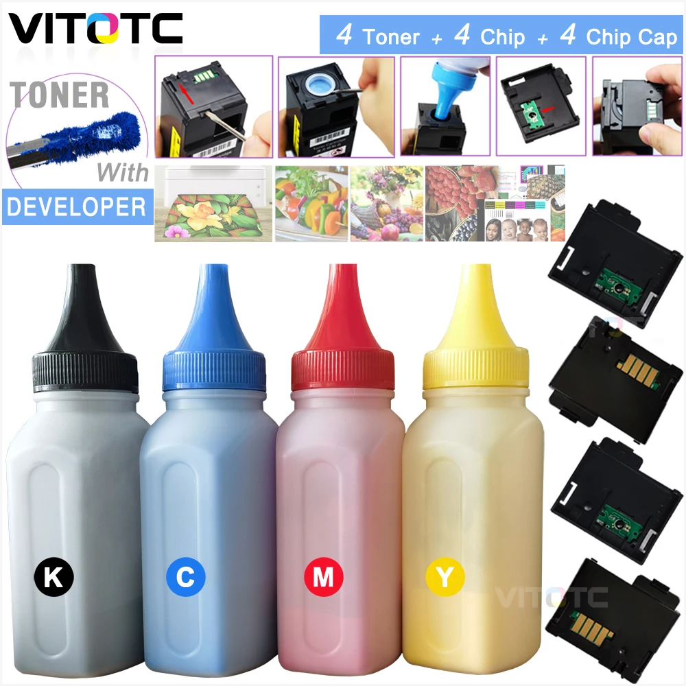 

4 Bottle Toner+ 4 Cartridge chip + 4 Chip Cover Cap for Xerox Phaser 6020 6022 WorkCentre 6025 6027 Printer powder refill reset