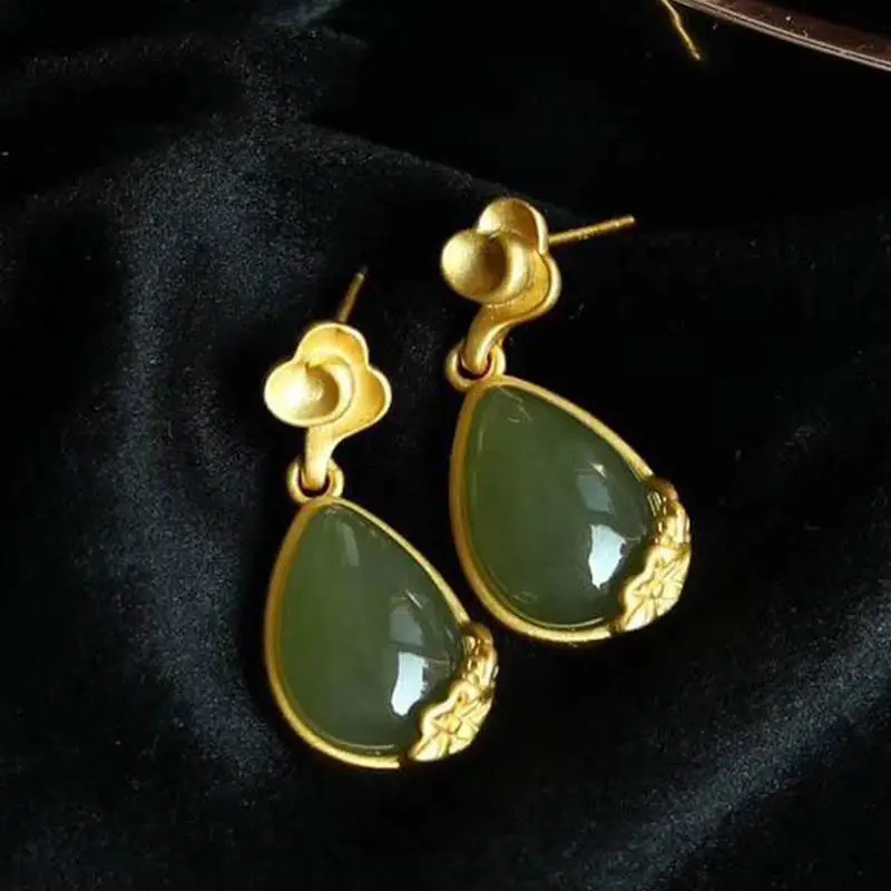 

Hetian Jade Water Drop Earrings Sterling Silver Antique Eardrops Super Fairy Court Style Auspicious Cloud Small Lotus Leaf Retro